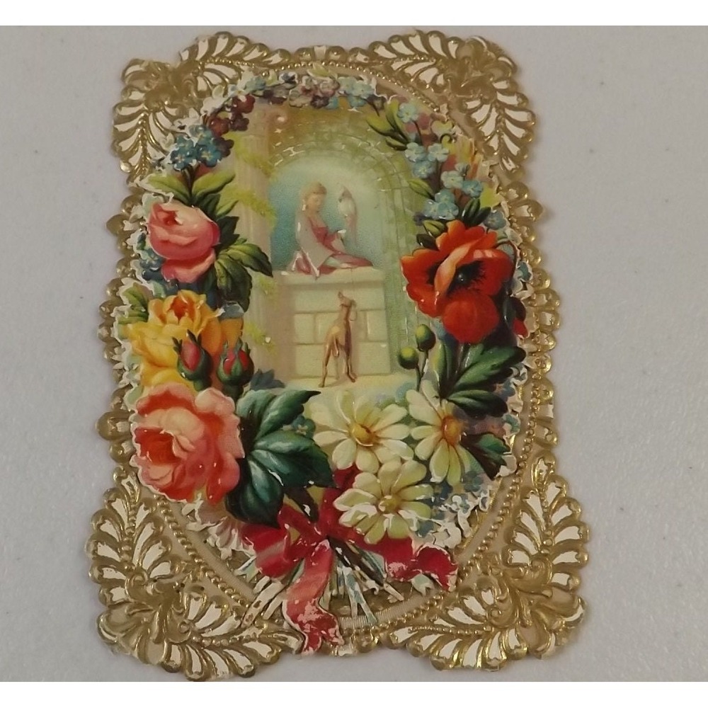 Antique Embossed Christmas Card – Gold Foil Lace, Early 1900s